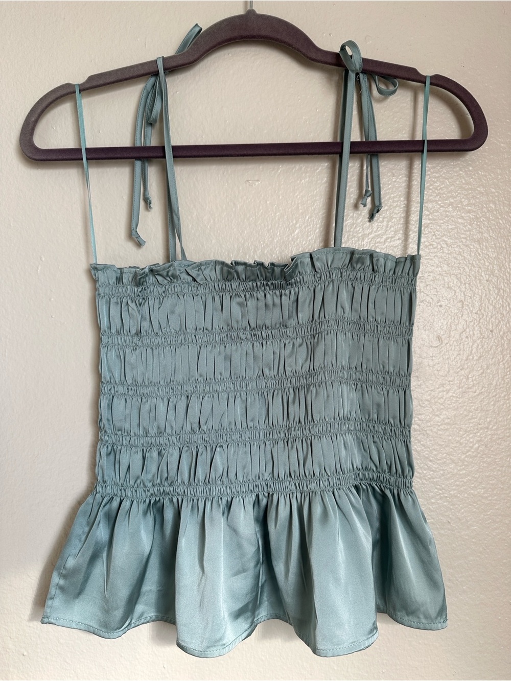 Smocked Satin Peplum Cami Top - Seafoam Green